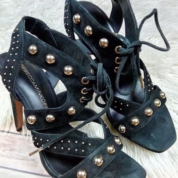 Rebecca Minkoff | ‘Ilima’ Black Leather Suede Studded Heeled Platform Sandals - Picture 5 of 8